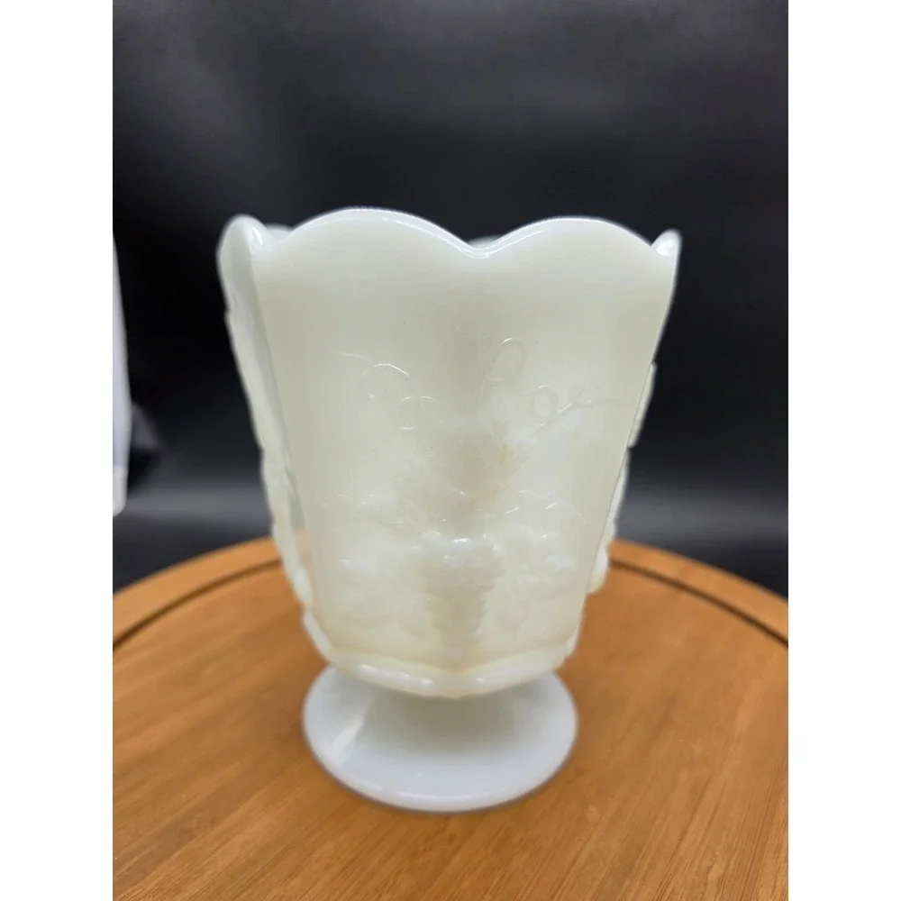 NAPCO # 1186 White Milk Glass Footed Vase Planter Embossed Grapes & Cherries‎